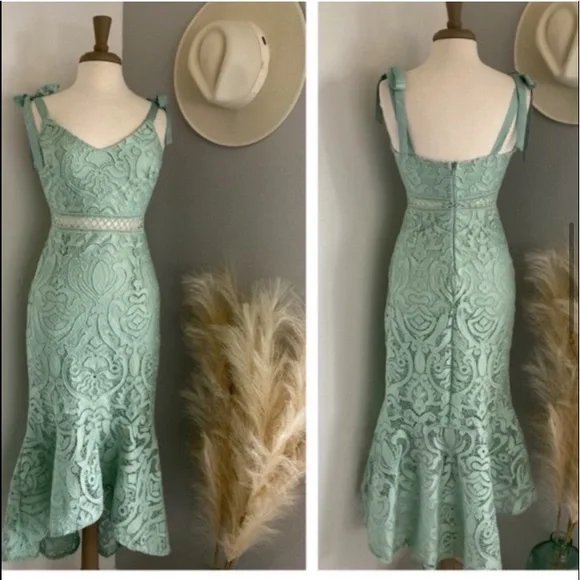 ❤️ Lulus Won Your Heart Sage Green Lace Tie-Strap High-Low Midi Dress - Picture 4 of 8